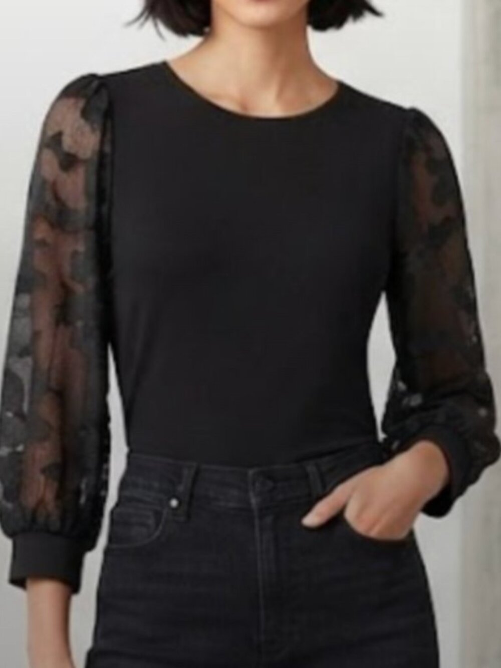 CeCe Black Mesh Puff Sleeve Sweetheart Top, Size M